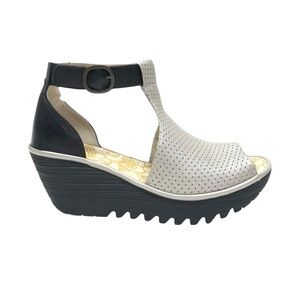 Fly London Lemo442Fly Metallic Pewter Leather Wedge Sandals Size 40 / 9-9.5
